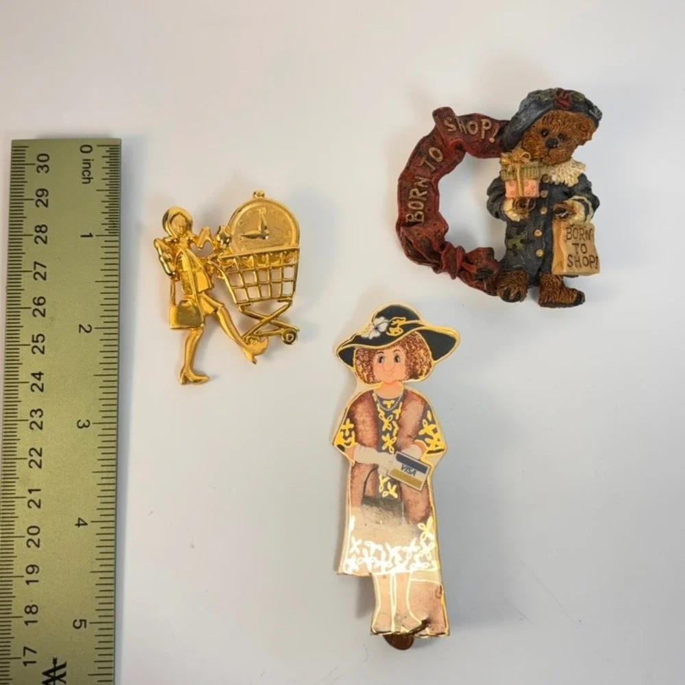 Vintage Kitch Brooch Pin Lot Born To Shop Teddy Bear Lady 90s Weird